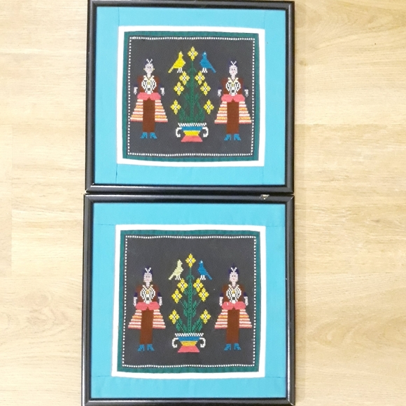 Vintage Hmong Embroidered Cross-Stitch Framed Pictures - Woman + Flower - Picture 8 of 13